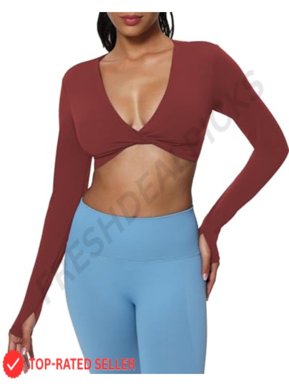 Women's Long Sleeve Crop Top with Open Back and V-Neck